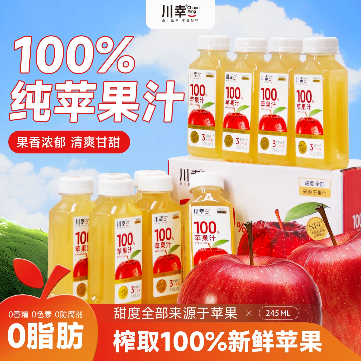 川幸100%苹果汁清爽解腻饮品家庭聚餐果蔬汁经典口味245ml*10瓶