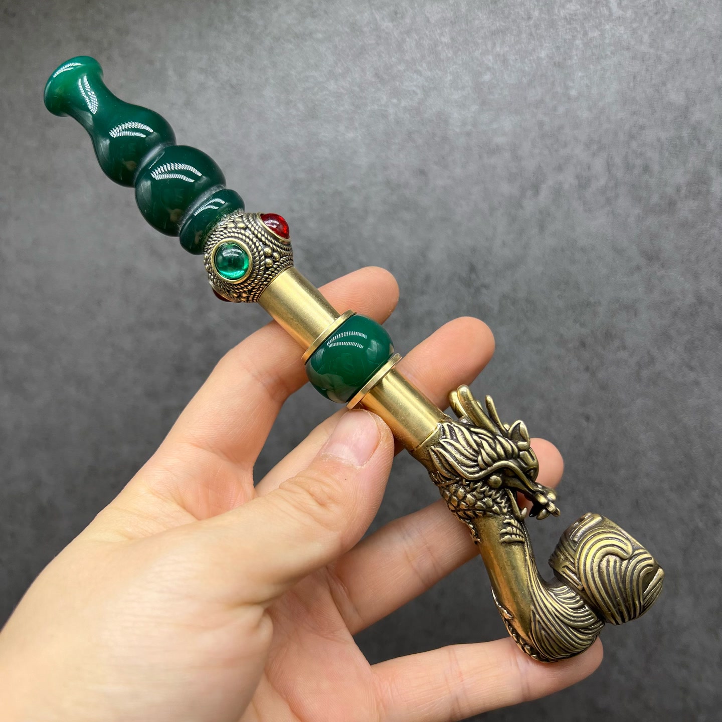 17.5绿色葫芦嘴绿珠子龙头旱烟锅L013