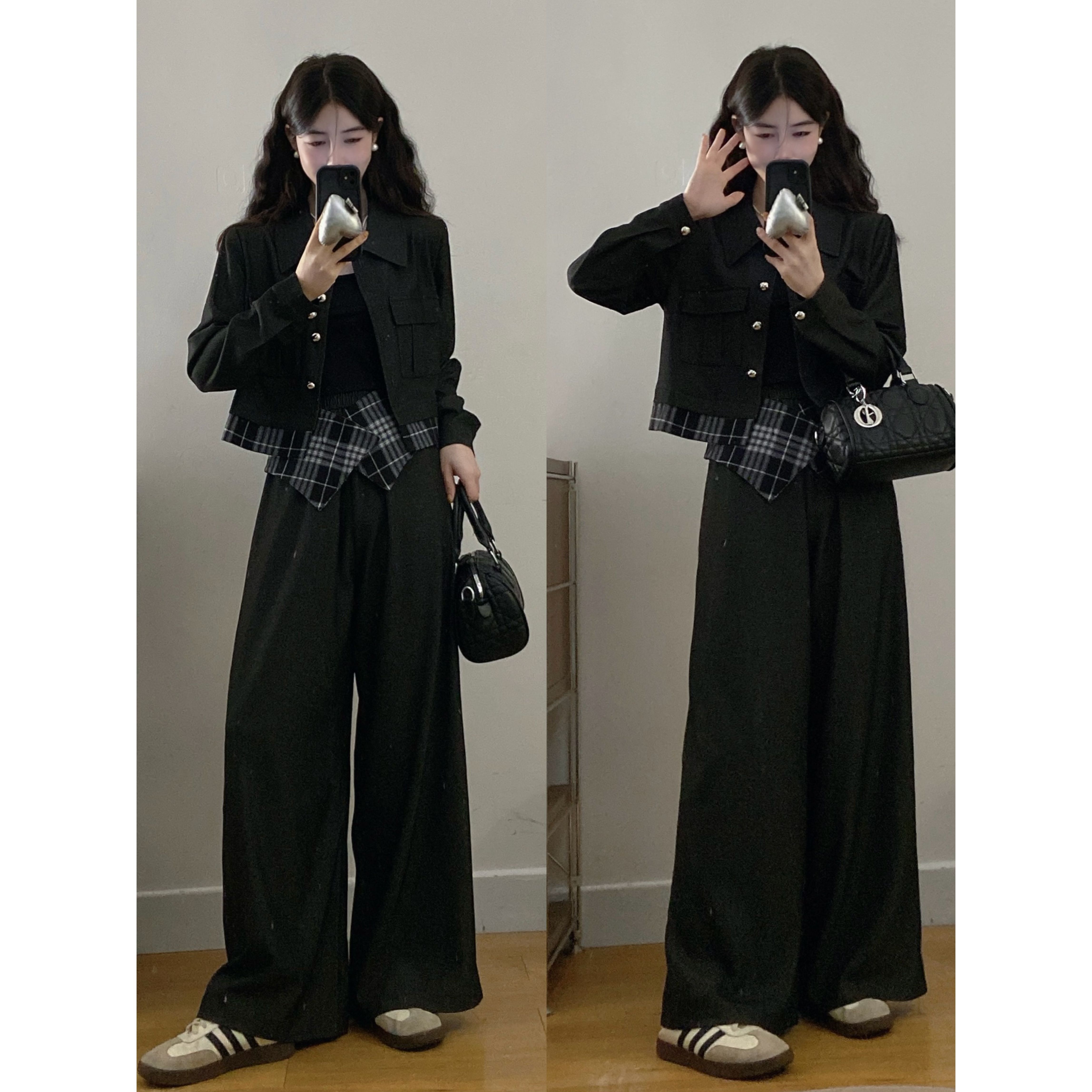 大码女装胖mm新款格纹拼接时尚气质西装外套+阔腿裤套装