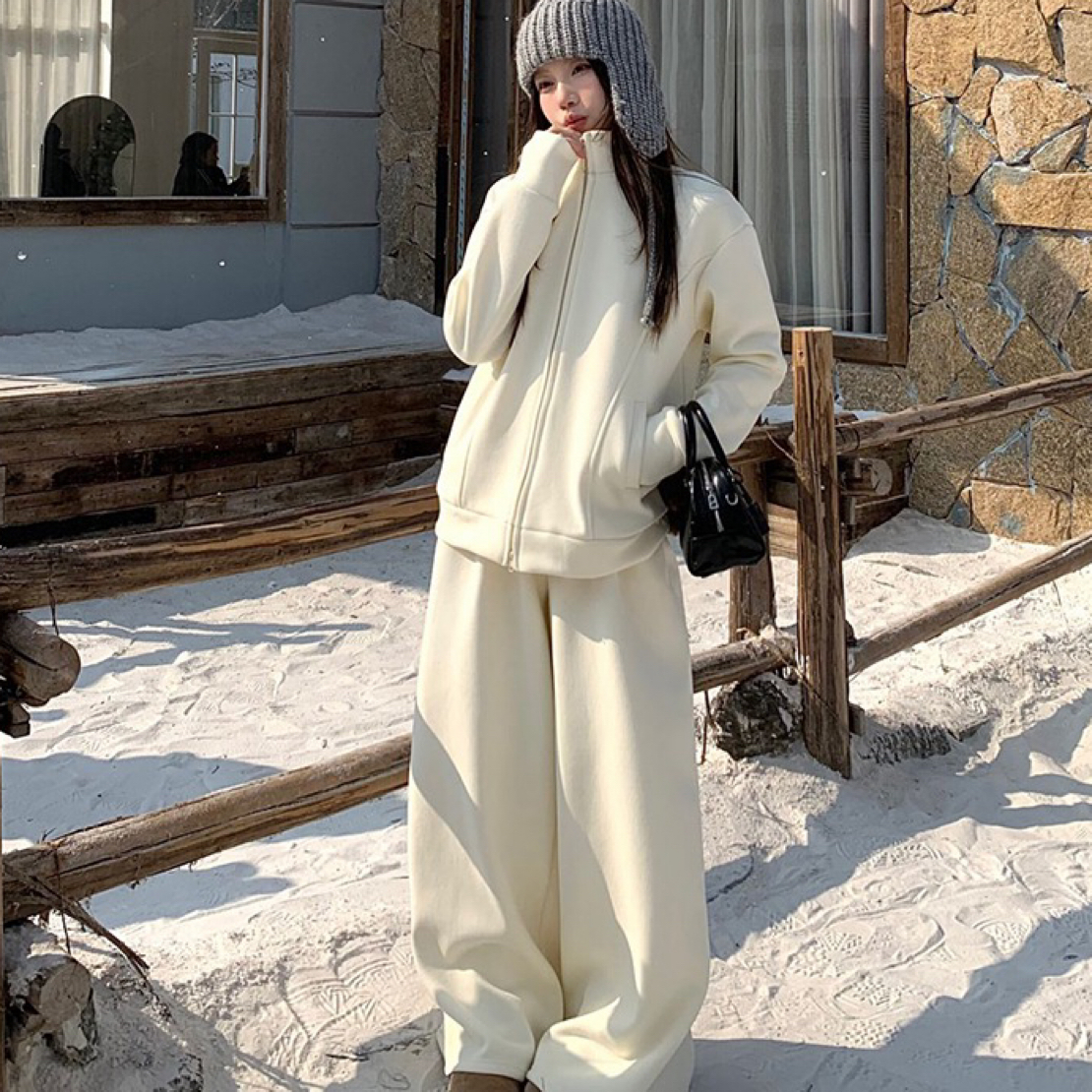 加绒加厚杏色卫衣两件套套装
