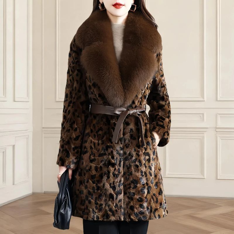 水貂毛大衣女2025冬新奢华豹纹潮狐狸毛领拼貂皮草外套女修身收腰