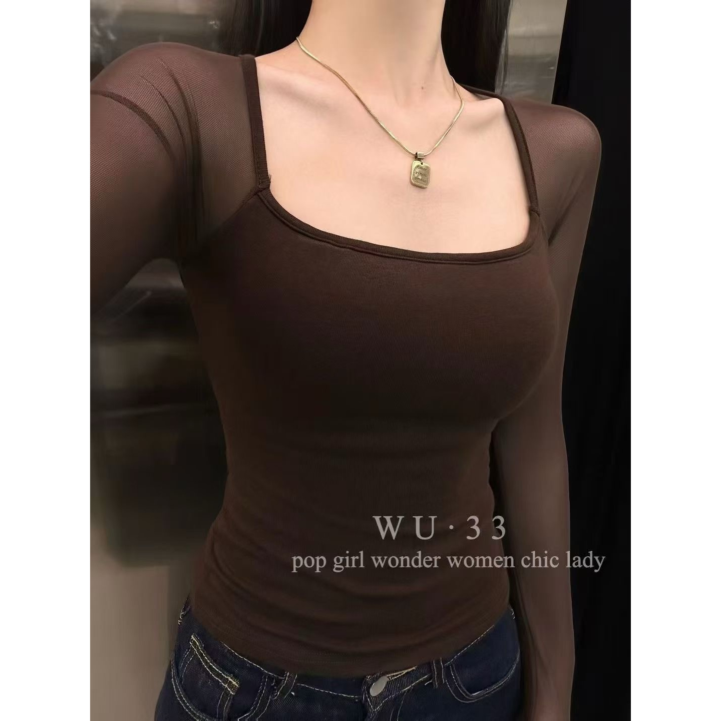 梦优莱超性感网纱拼接方领带胸垫长袖T恤女装秋冬内搭打低上衣服