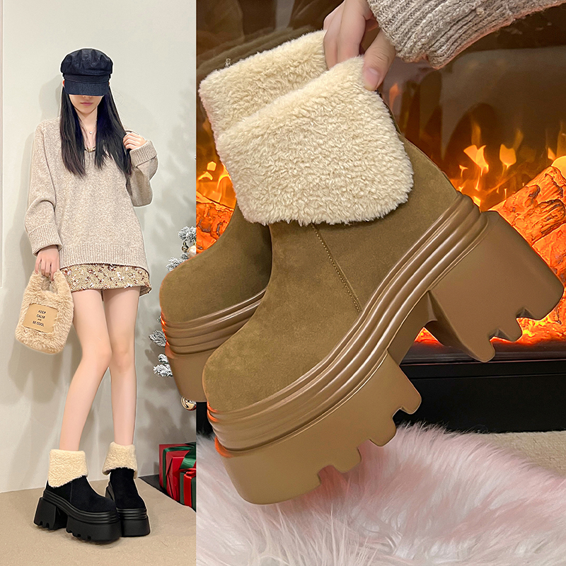 10cm厚底雪地靴女2025冬季新款小个子增高加绒棉鞋粗跟松糕马丁靴