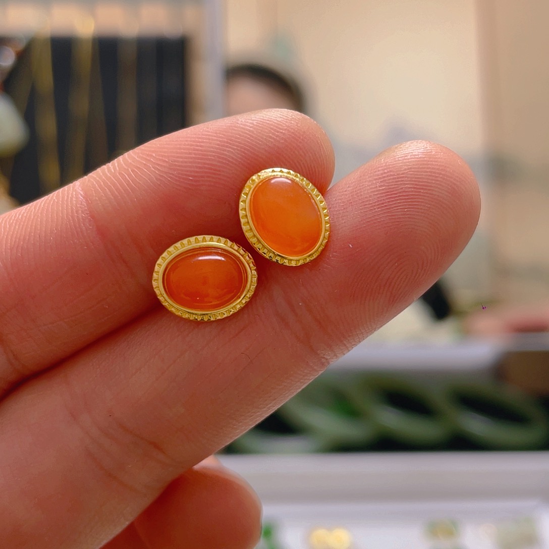 和田玉耳饰银S925镀金镶嵌