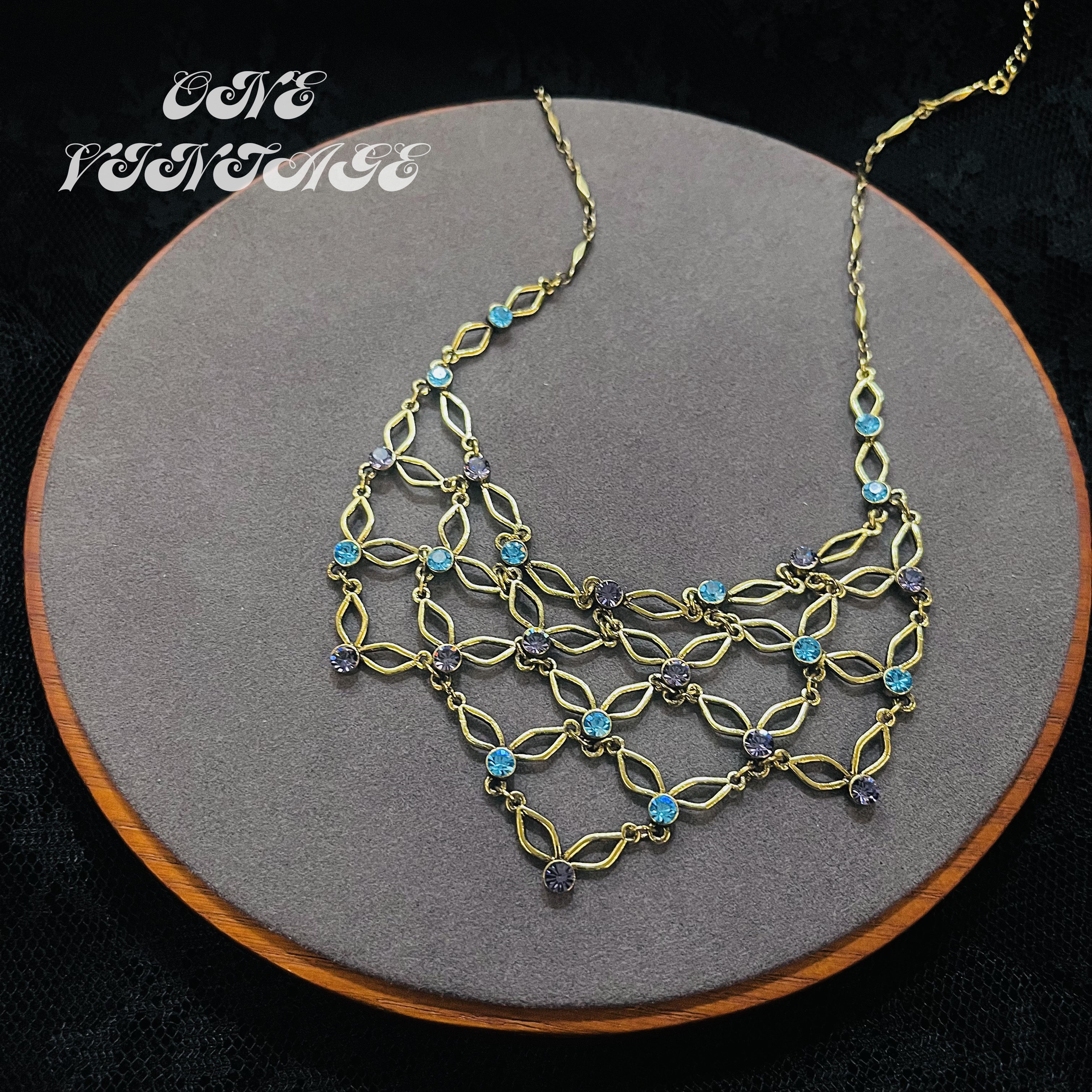 合金仿水晶项链 1928蓝水晶瀑布链项链 Vintage