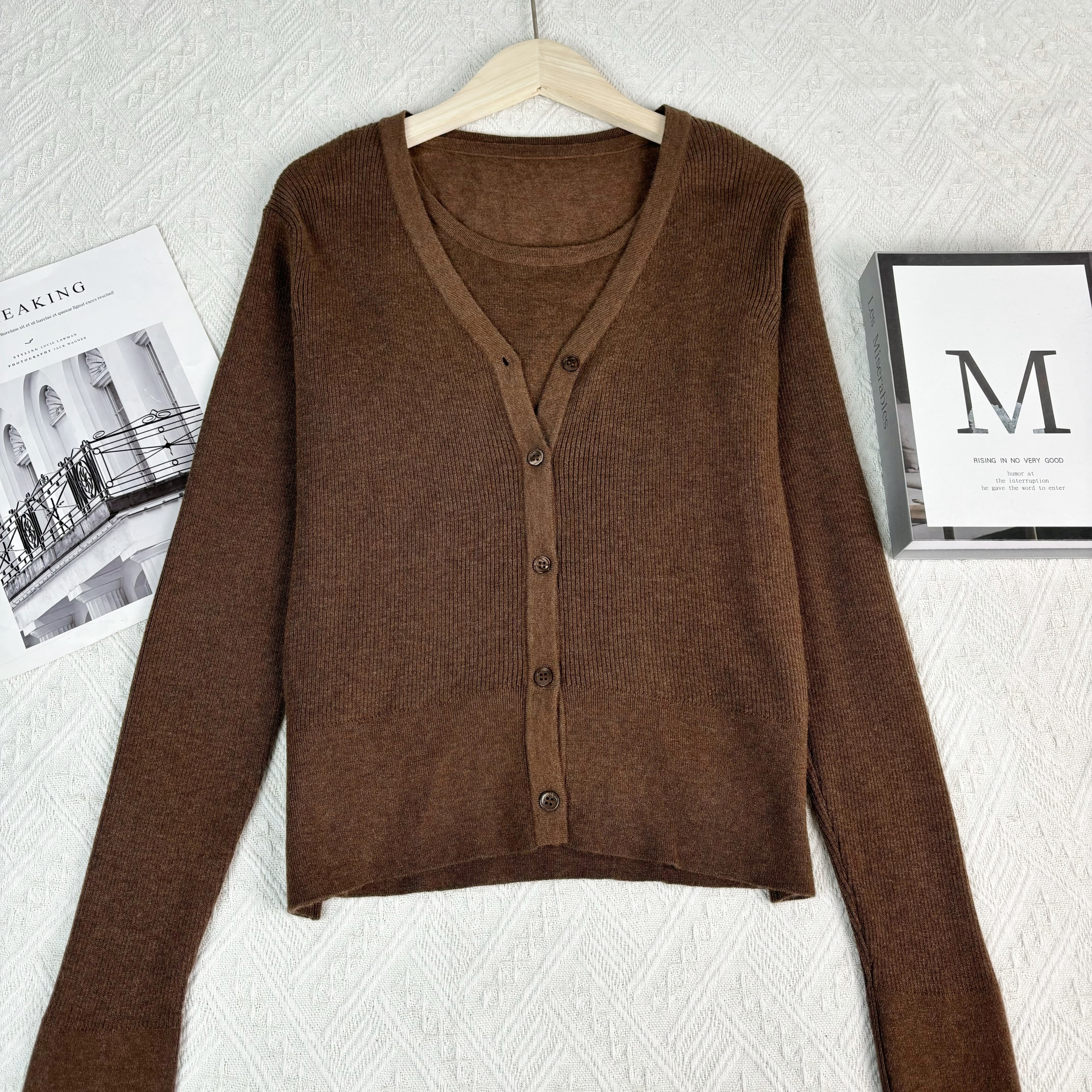 玲姐定制-V领纯色两件套气质通勤真两件针织开衫494917