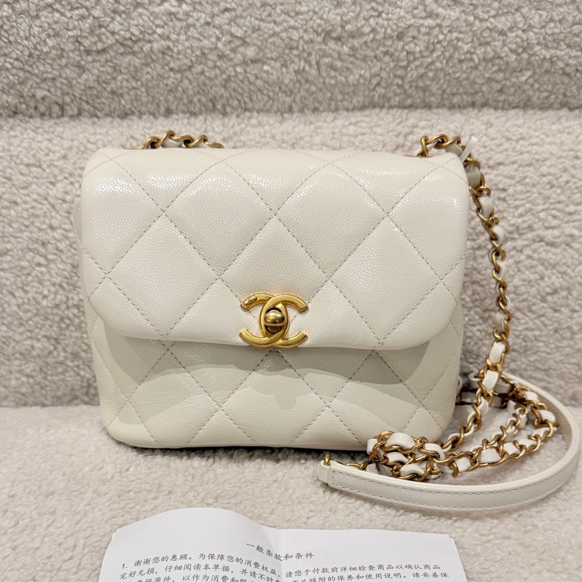 99新 Chanel/香奈儿 22P方胖子荔枝纹白金亮面 芯片款 有盒子尘袋