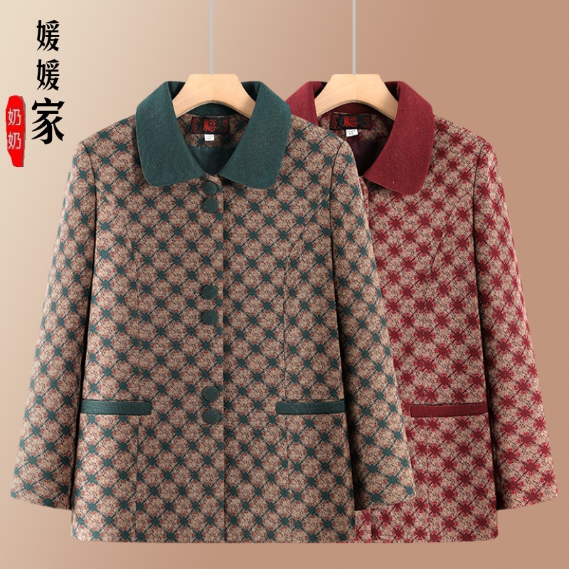奶奶春秋外套中老年人女气质格子上衣妈妈秋装长袖老太太高档衣服