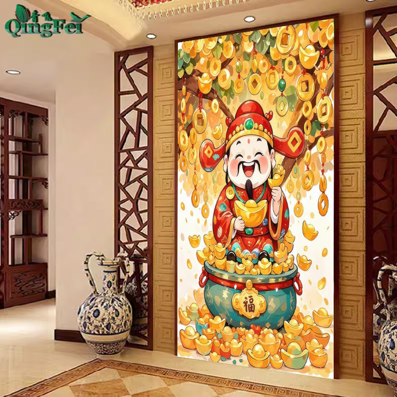 青飞精准印布发财树元宝财神十字绣财神爷十字绣客厅玄关挂画E370