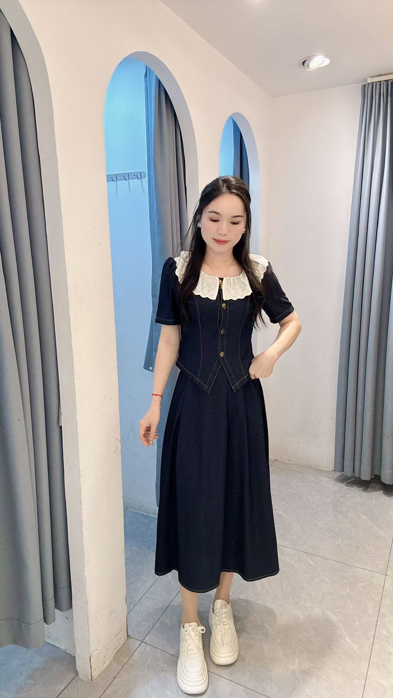 丹妮丝法式时尚套装减龄裙子牛仔收腰时尚显瘦两件套套裙