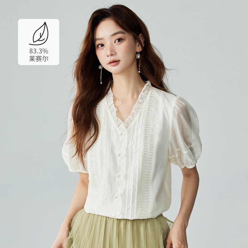 茵曼2025夏季新款女衬衫衬衣短袖泡泡袖休闲搭薄款白色上衣女