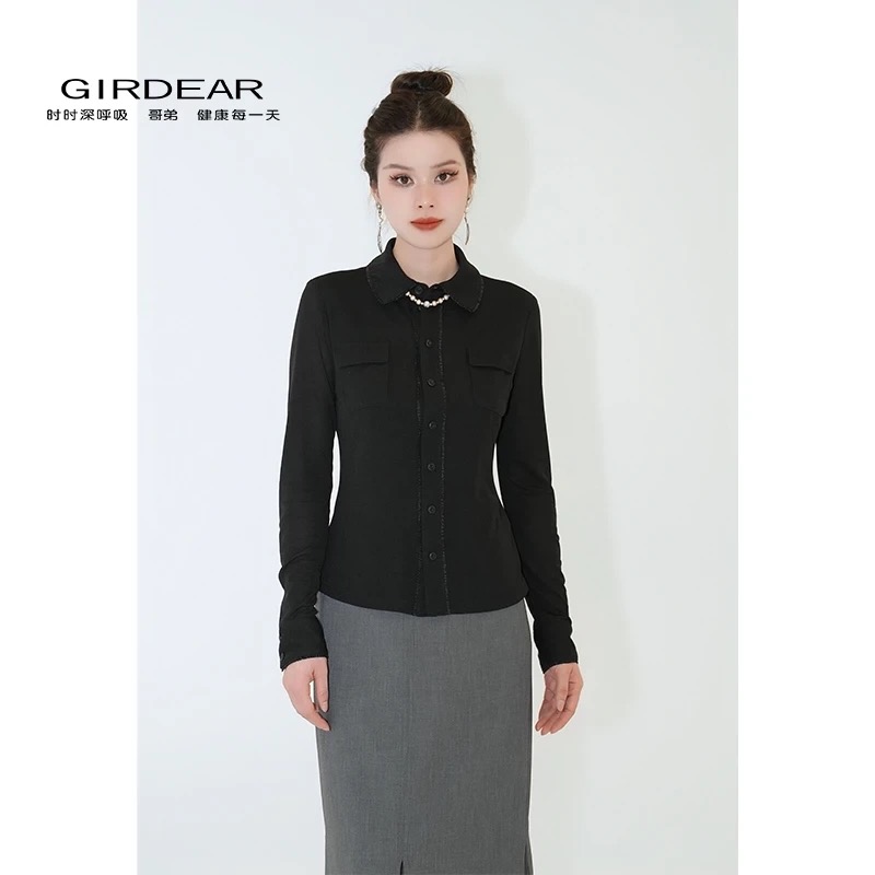 GIRDEAR/哥弟女装质感百搭气质优雅显瘦单排扣纱质长袖衬衣130116