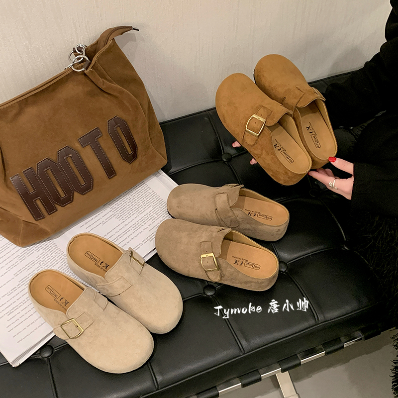 唐小小推荐~内增高5cm厚底半拖勃肯鞋搭扣设计女外穿包头拖鞋