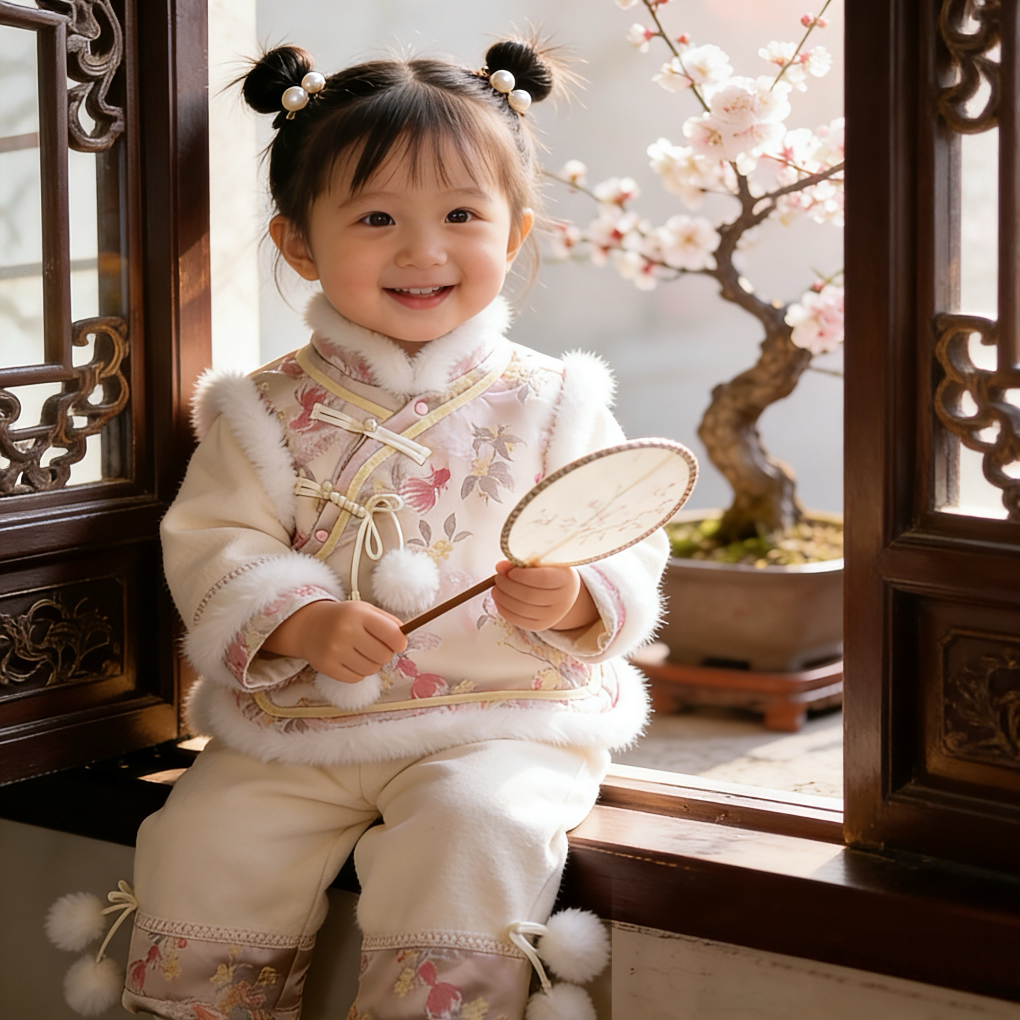 冬季新款宝宝粉色毛球保暖可爱新中式国风外出服套装女宝宝拜年服