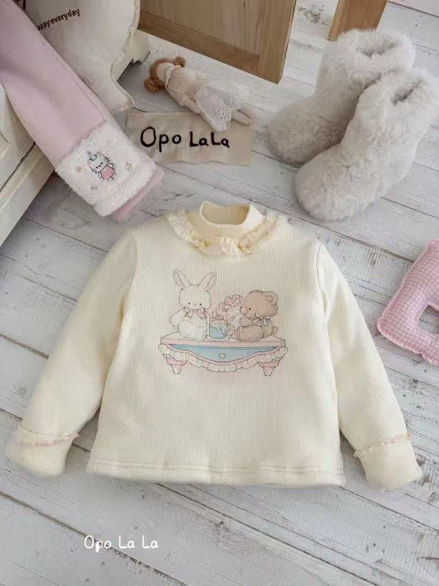 【米粒Kids】opolala米色小熊小兔印花蚕丝打底衫SQ 77217