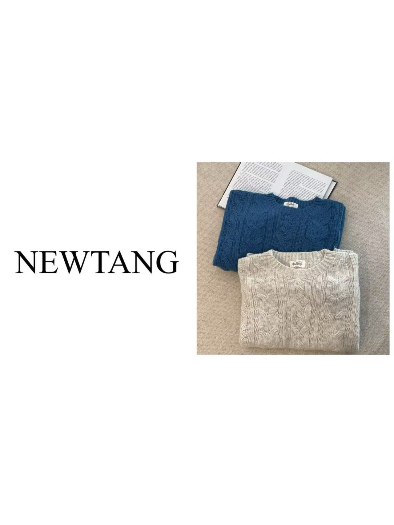 【圆领大麻花】337时尚竖条麻花针织衫女圆领宽松慵懒风 米白蓝