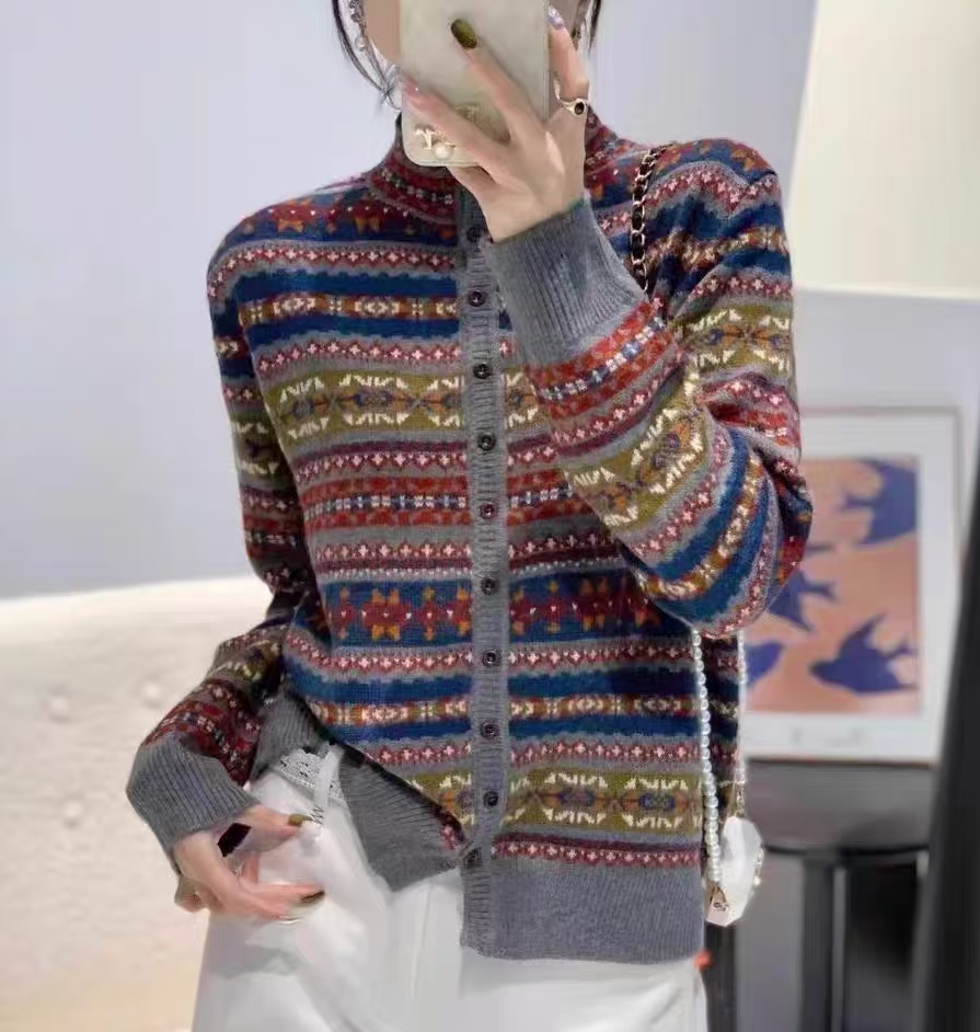 【浣熊绒～开衫】秋冬新款费尔岛提花半高领开衫宽松针织衫外搭外套