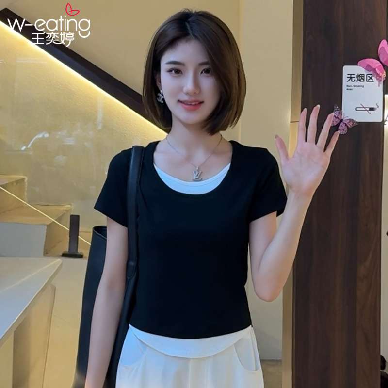 夏季薄款短袖T恤女款爆款2025新款显瘦上衣服不规则百搭修身黑色