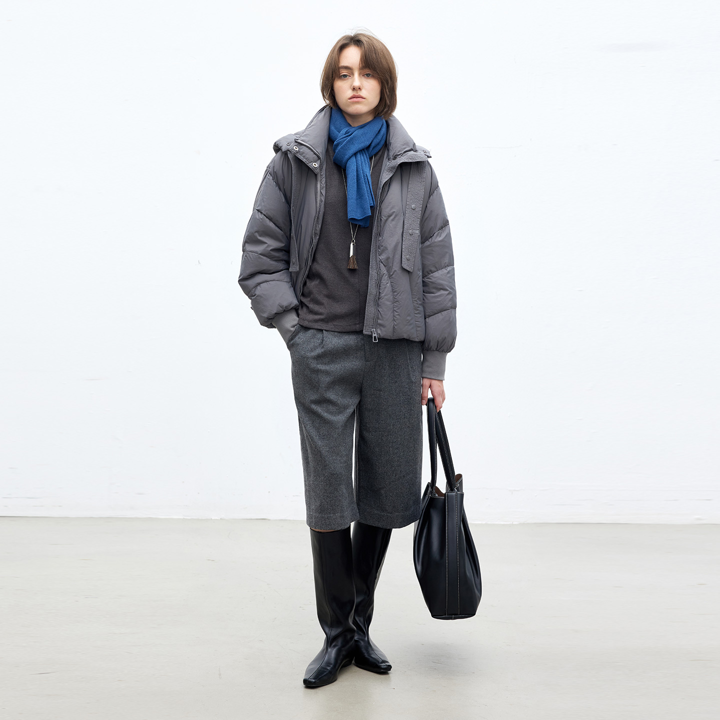 DotDrobe/多着帽子可变斜挎包 90白鸭绒泡芙超轻短款羽绒服女灰色