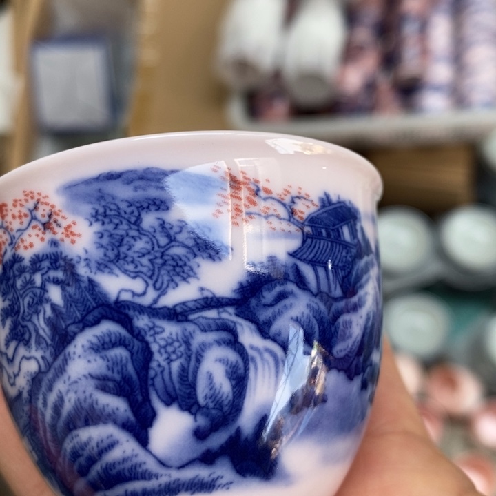 摆件陶红稀土山水釉里红小杯