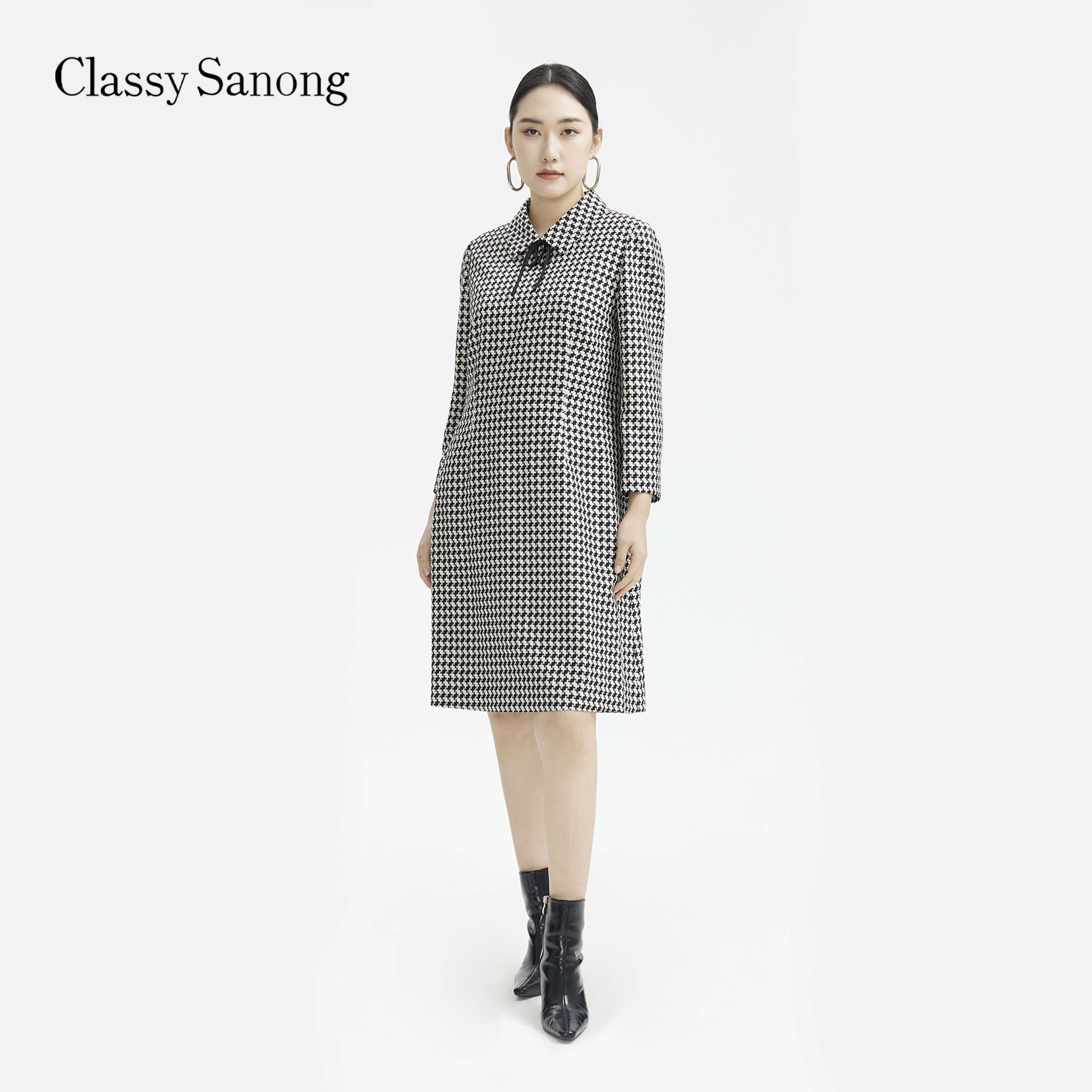 CLASSY SANONG新款时尚黑白格纹连衣裙