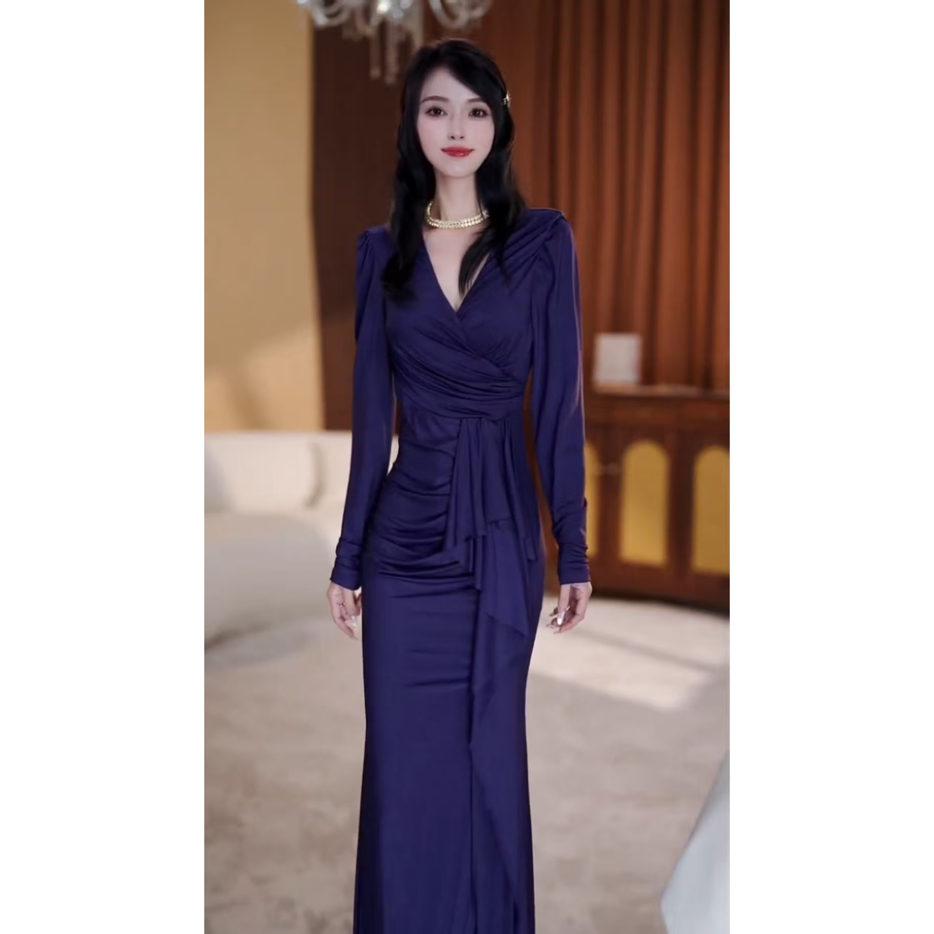 【楠雅】雾紫晚霞秋季法式V领气质设计感连衣裙-YL11400