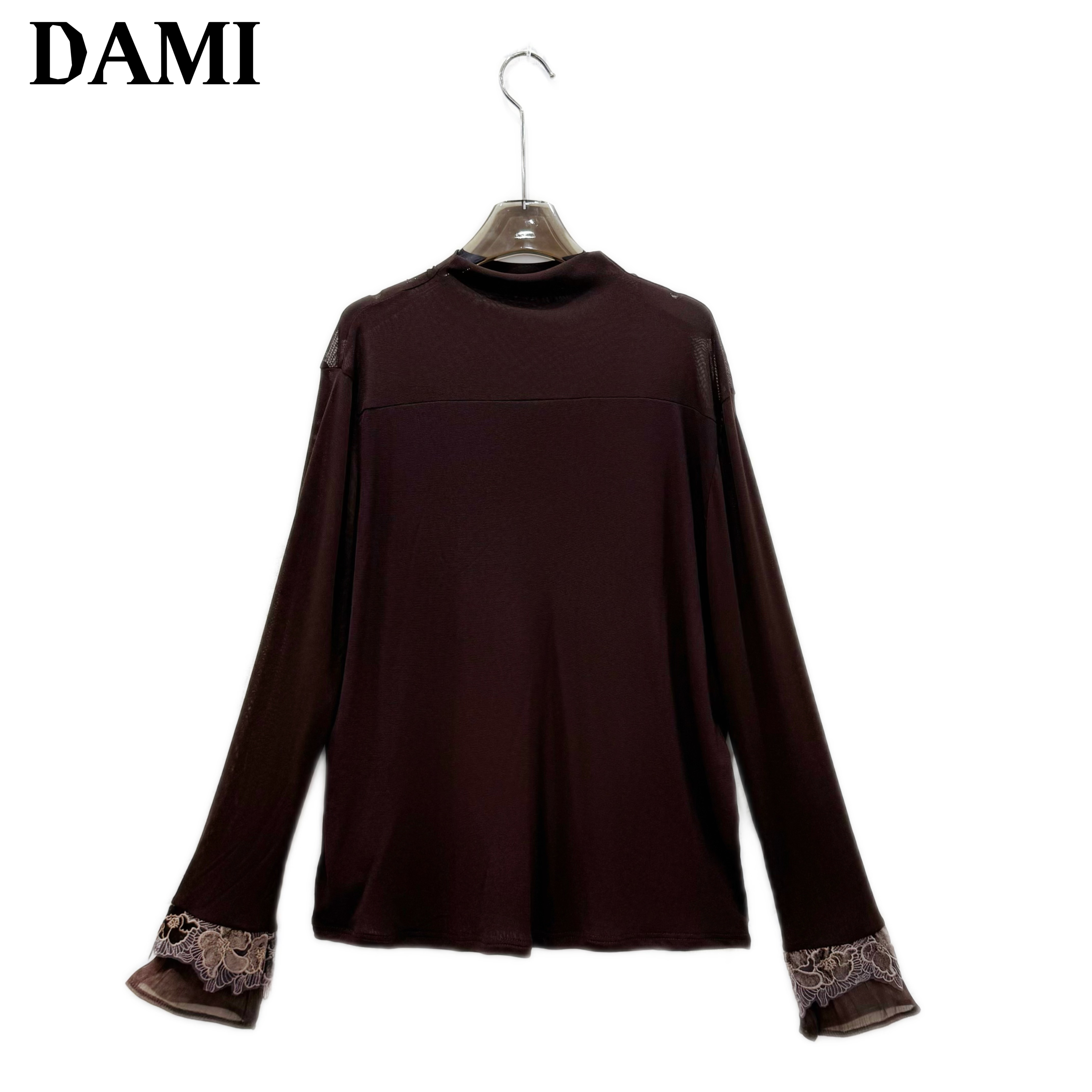 【大蜜】7170#秋季双层网纱拼接半高领工艺款宽松显瘦女装打底上衣