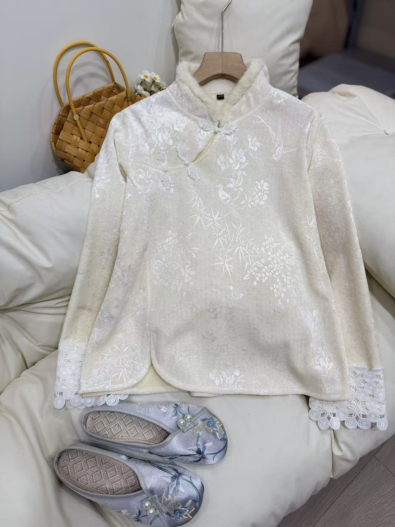 【白雀】长袖厚款斜襟立领加绒加厚款上衣中式冬季重工加厚3001