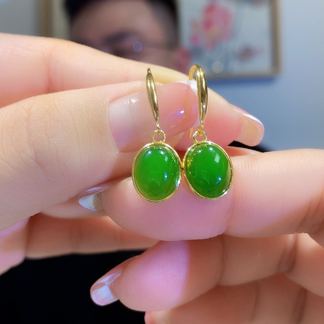 和田玉（碧玉）耳饰银S925镀金镶嵌