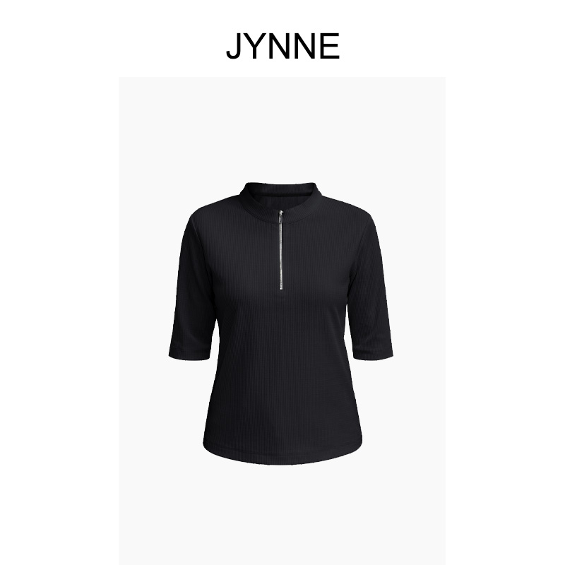 景一女装拉链立领五分袖T恤修身随性慵懒遮肉显瘦都市感