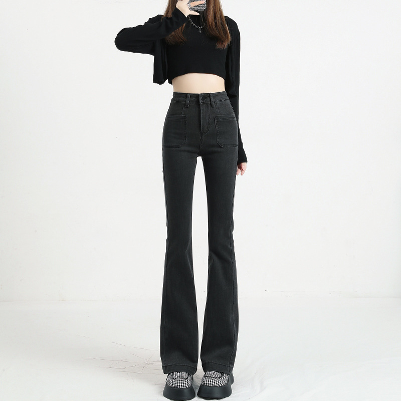 黑灰色显瘦微喇牛仔裤女高腰春秋马蹄喇叭弹力修身牛仔裤