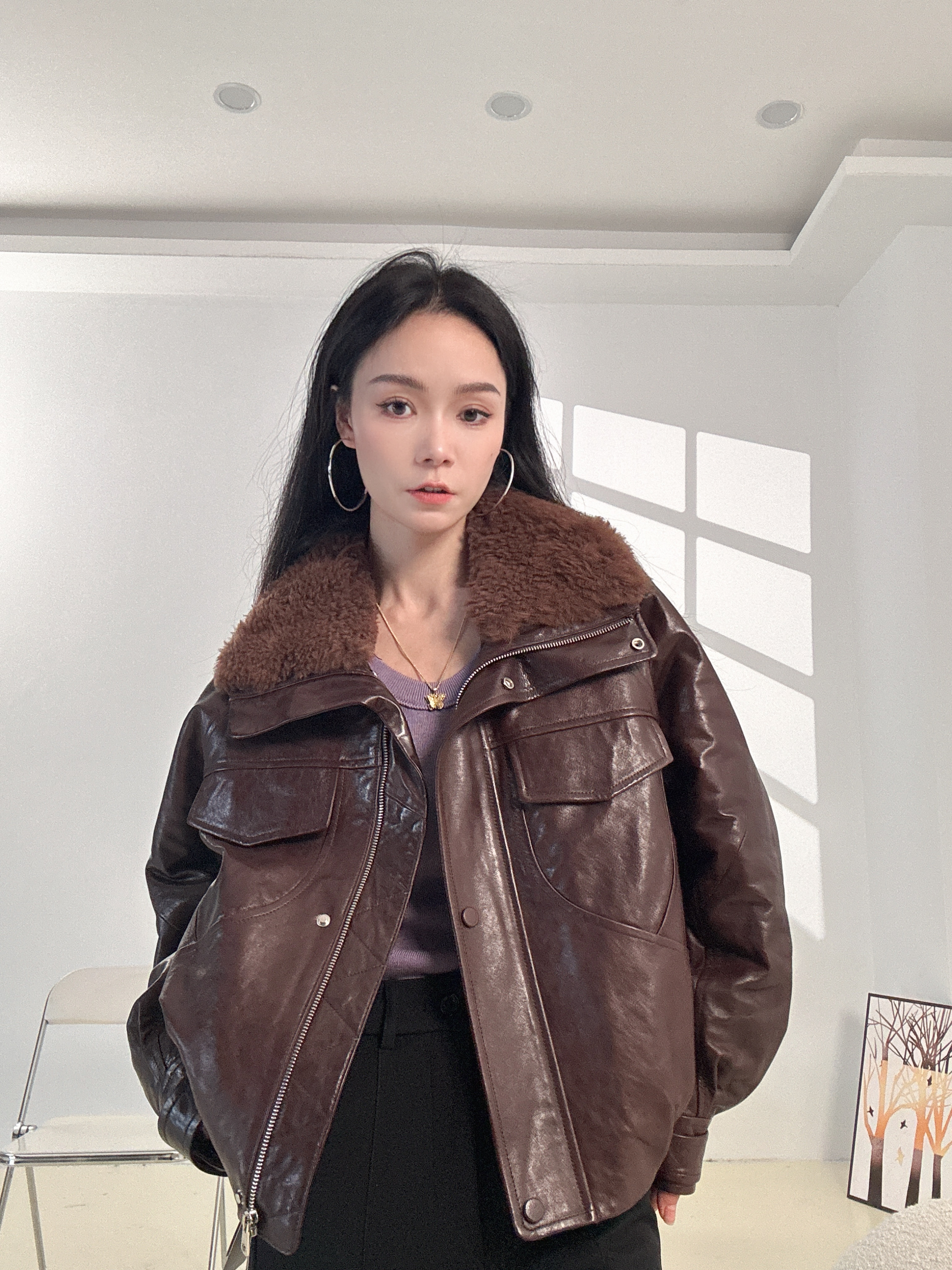 ZIKUO/紫阔新款皮毛一体可立可翻毛领进口真皮油蜡皮皮鹅绒2018