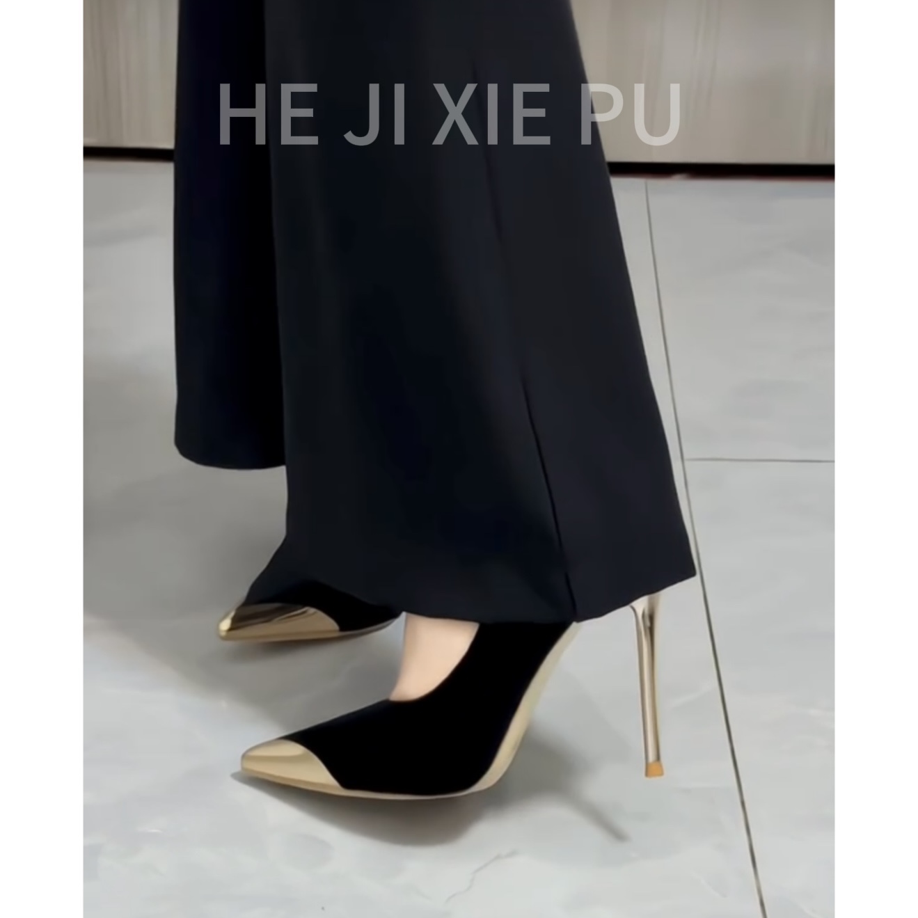 2025春秋御姐风小众细跟高跟鞋轻奢黑色绒面金属尖头设计高跟鞋