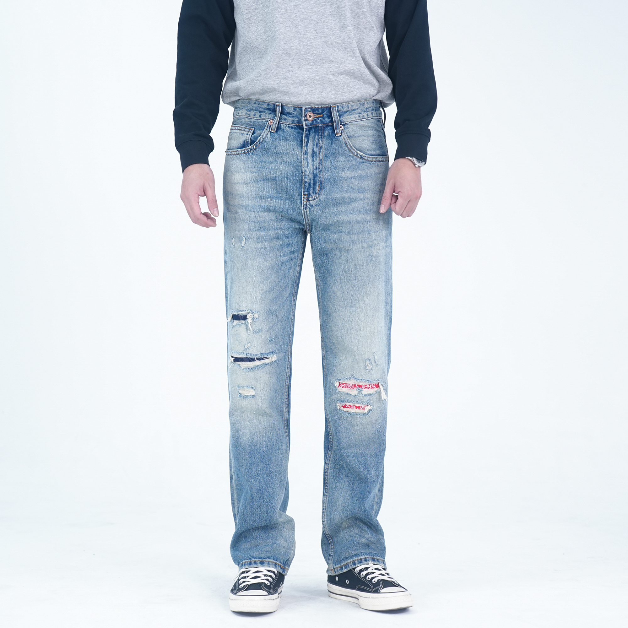 DIPAI/底牌秋冬厚款潮流破洞补丁水洗宽松休闲美式蓝色牛仔裤男士