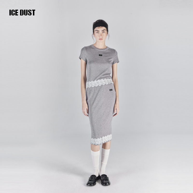 ICE DUST条纹腰果花边半身裙女2025夏季新款直筒修身高弹长款半裙