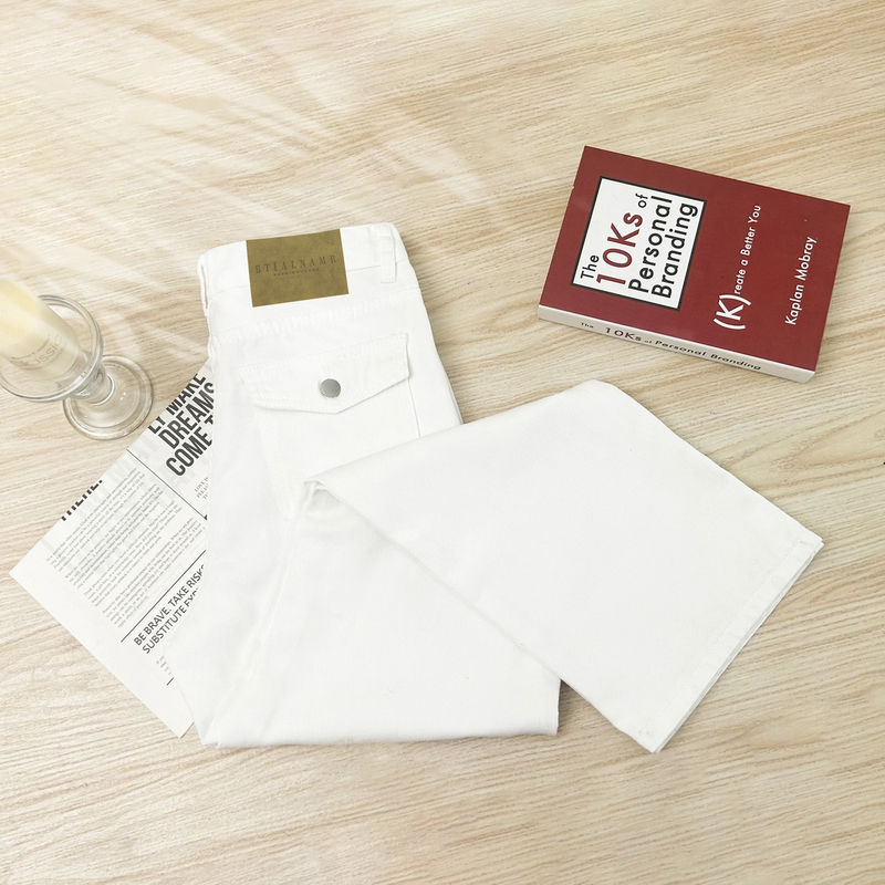 新款爆款白色牛仔裤挖袋升级高腰窄版直筒阔腿裤休闲裤百搭夏季