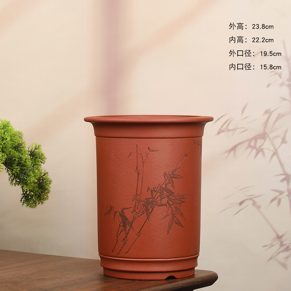 韩永钢精品高温红降坡刻绘泥圆口签筒兰花竹子悬崖茶桌造景
