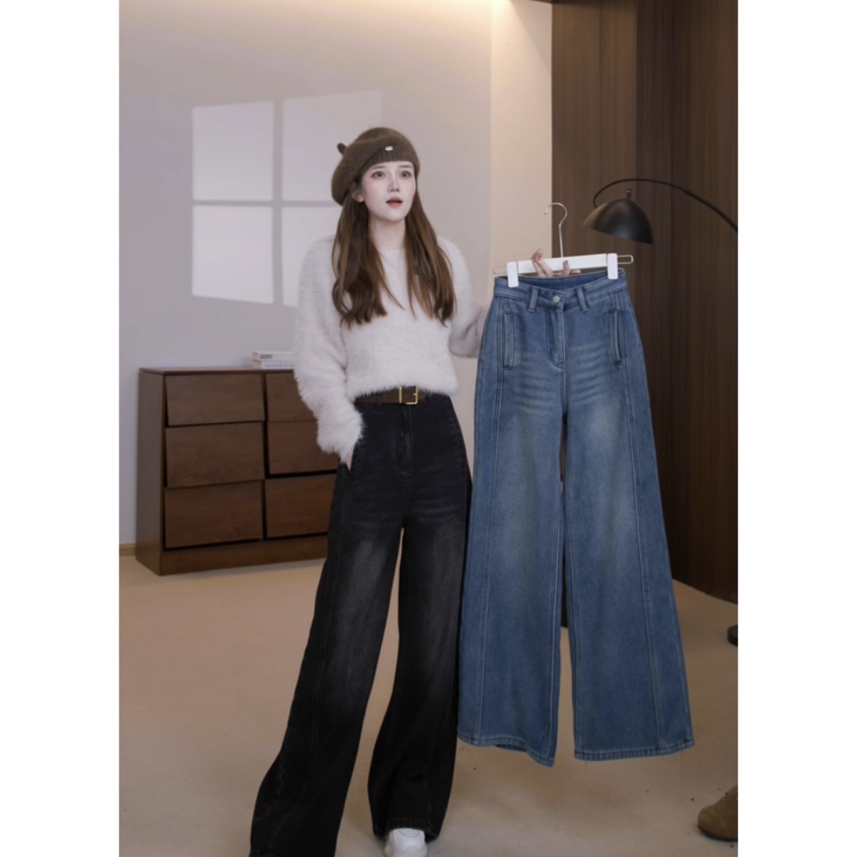 挺缘高腰阔腿牛仔裤女2025年秋冬厚款加绒设计感宽松直筒拖地裤