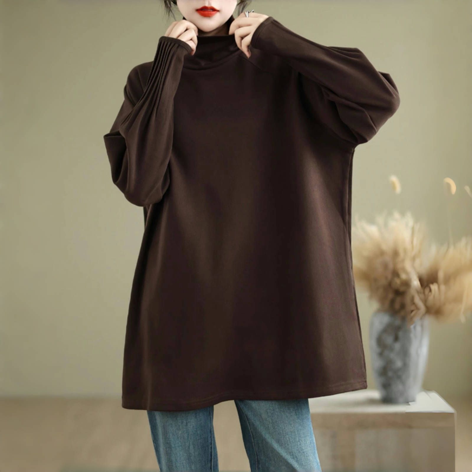 双面德绒高领长袖T恤上衣女秋冬大码宽松显瘦遮肉内搭打底衫上衣