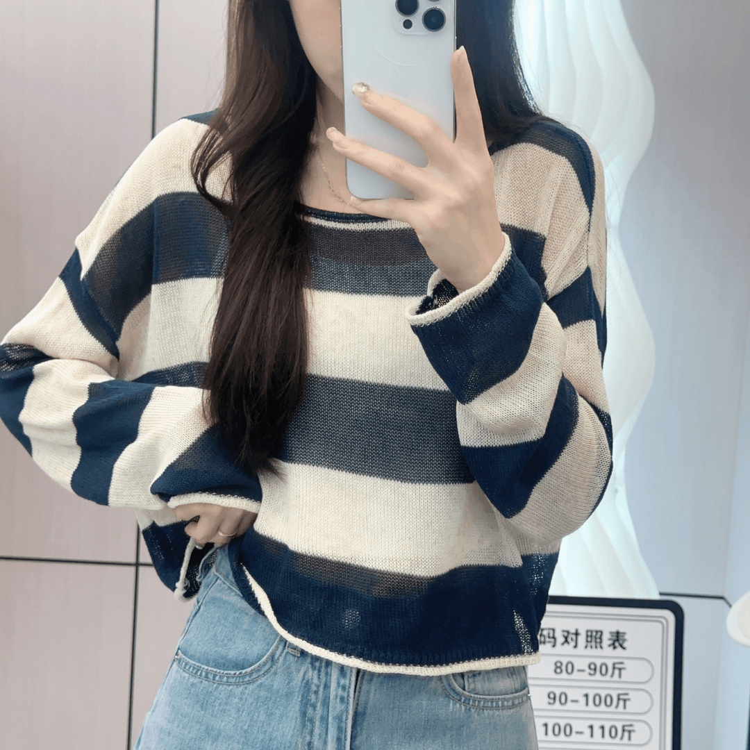 7269 GY慵懒风圆领条纹针织衫上衣女宽松套头罩衫