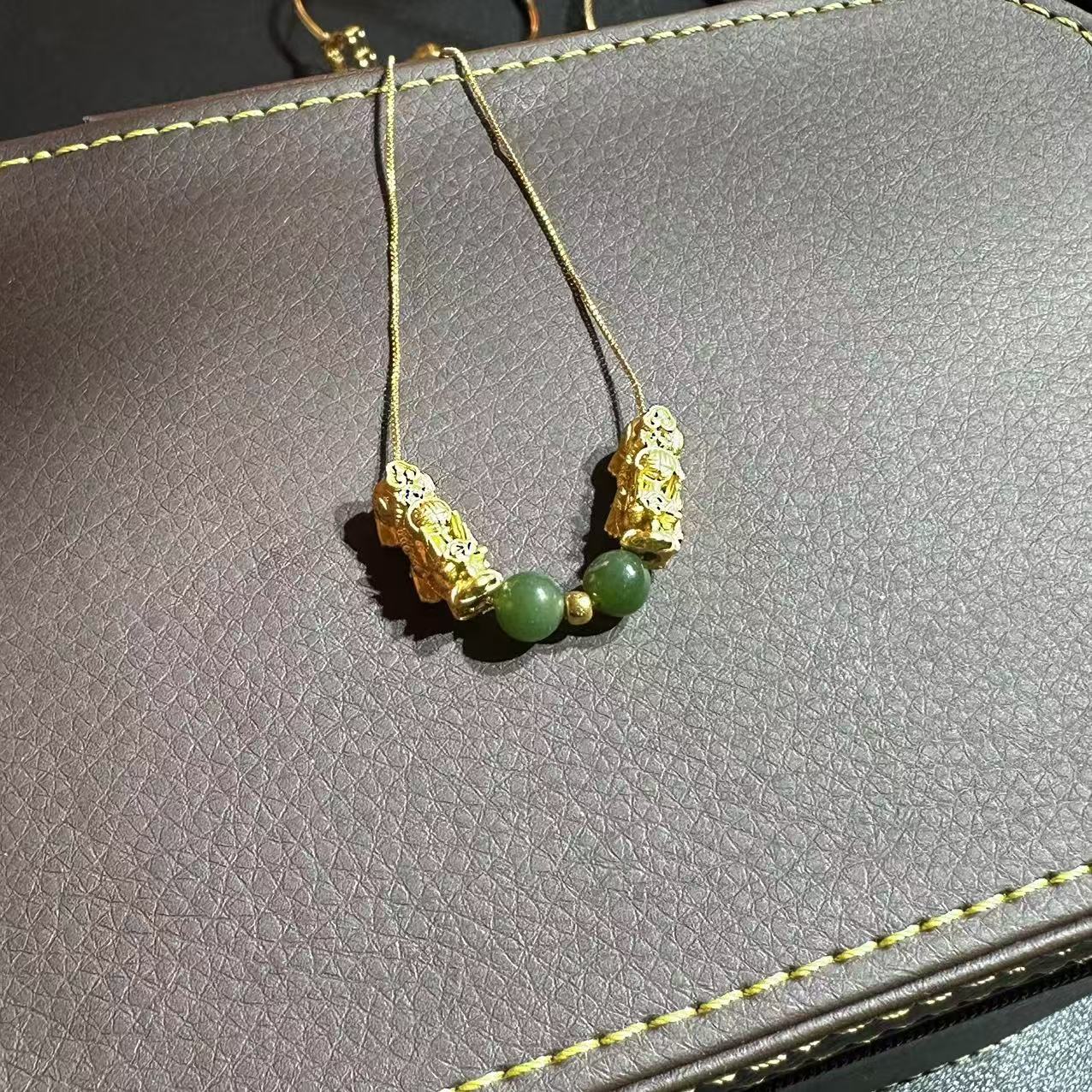 足金999小金珠精美气质貔貅绿玛瑙吊坠  F312