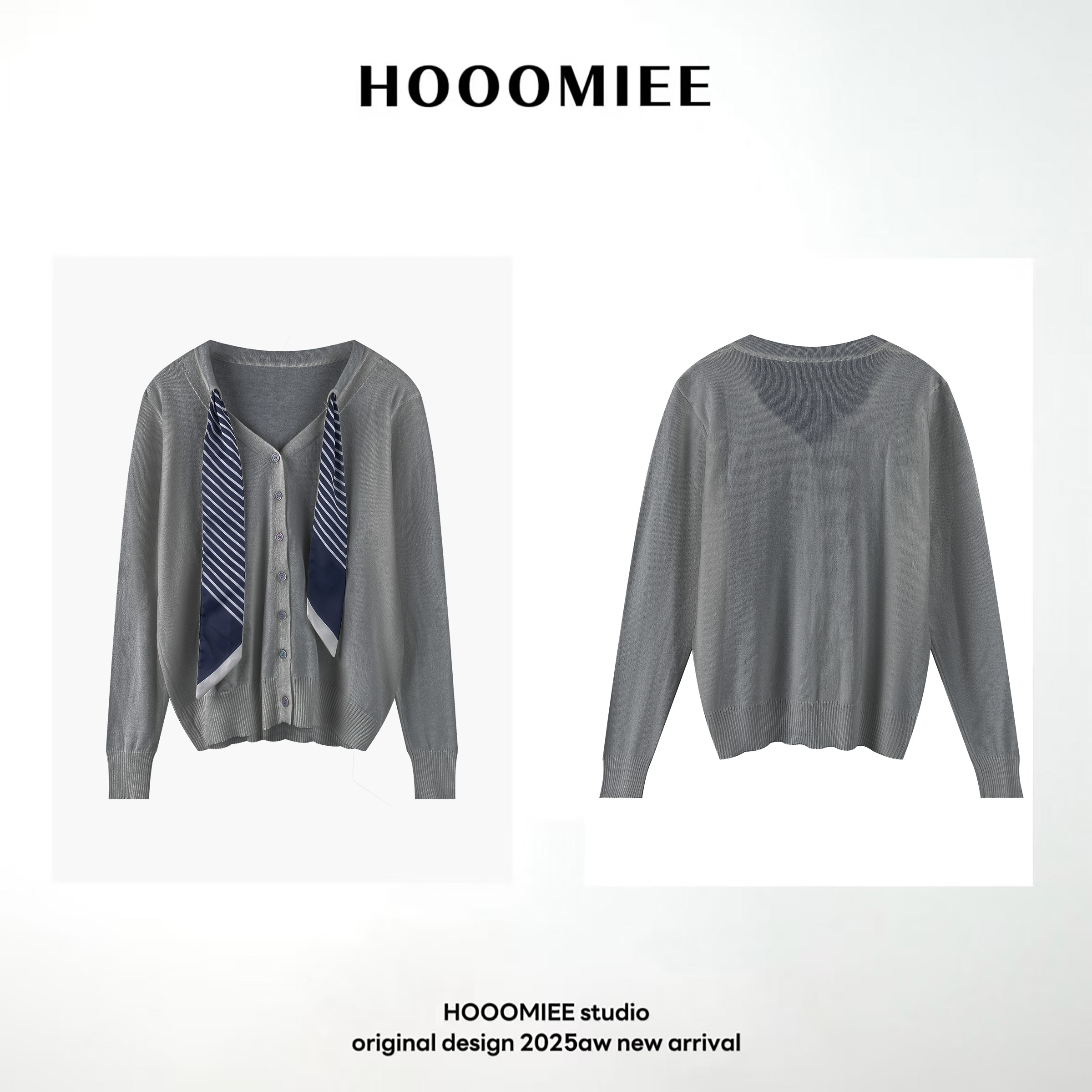 Hooomiee英伦设计领结长袖圆领女士开衫D8721