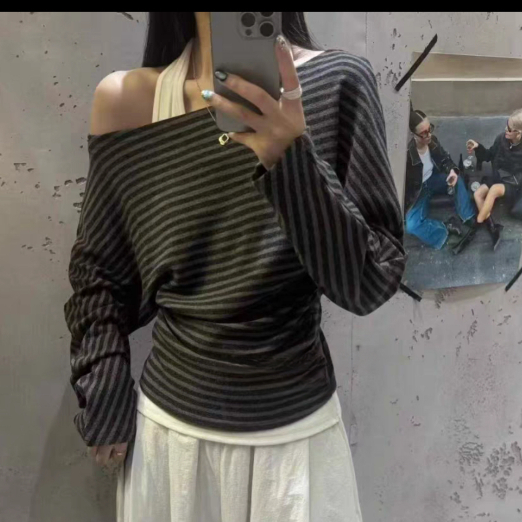 长袖拼接辣妹风常规常规款T恤套头黑色休闲高领