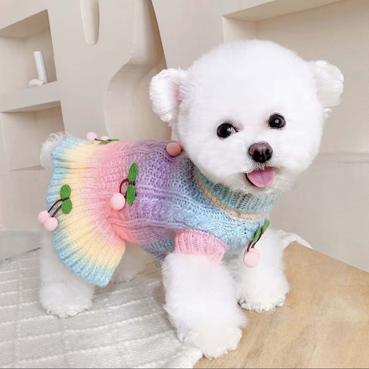 公主风猫咪狗布偶德文无毛猫秋冬季宠物粗纱高领渐变鱼尾裙毛衣