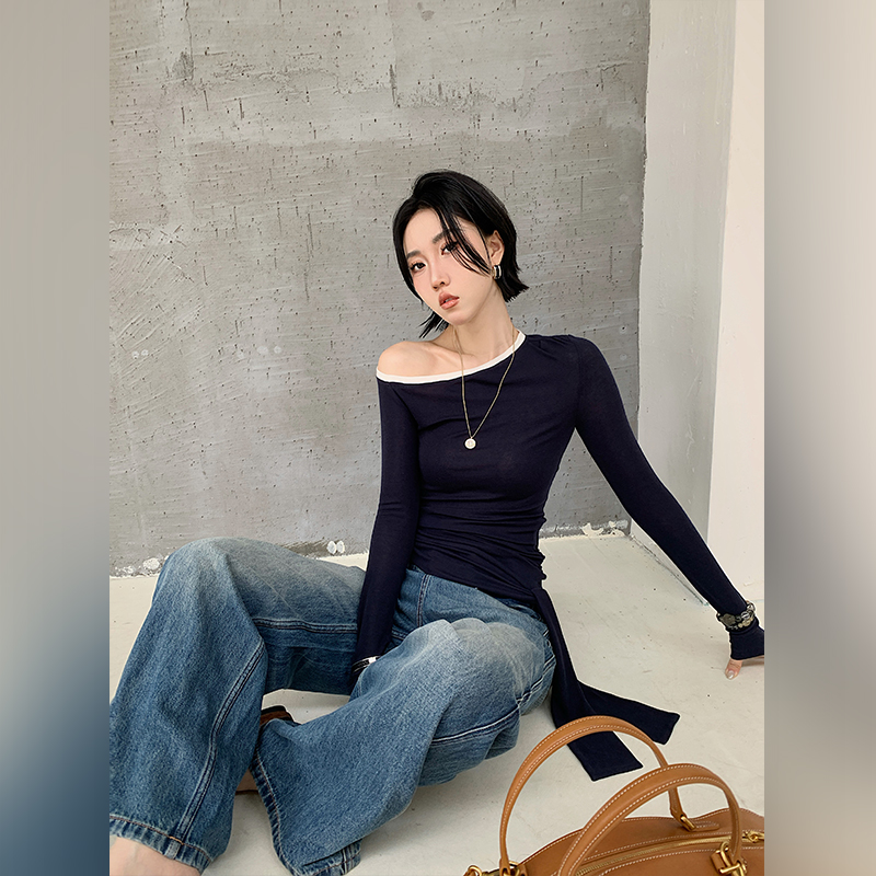 十三粥私服 低调看展 天丝羊毛简约百搭斜肩上衣女透气舒爽SA0121