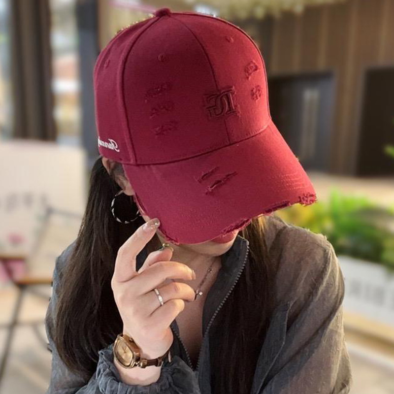 帽子女立体字母刺绣做旧破洞鸭舌帽韩版百搭遮阳显脸小棒球帽