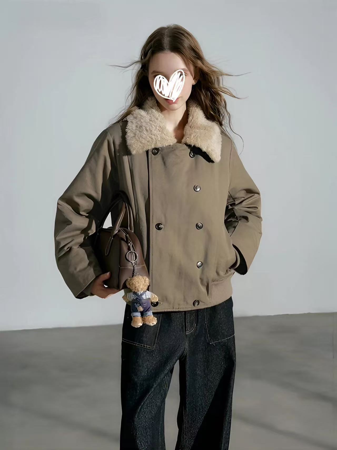 大翻领双排扣夹克上衣棉服外套女