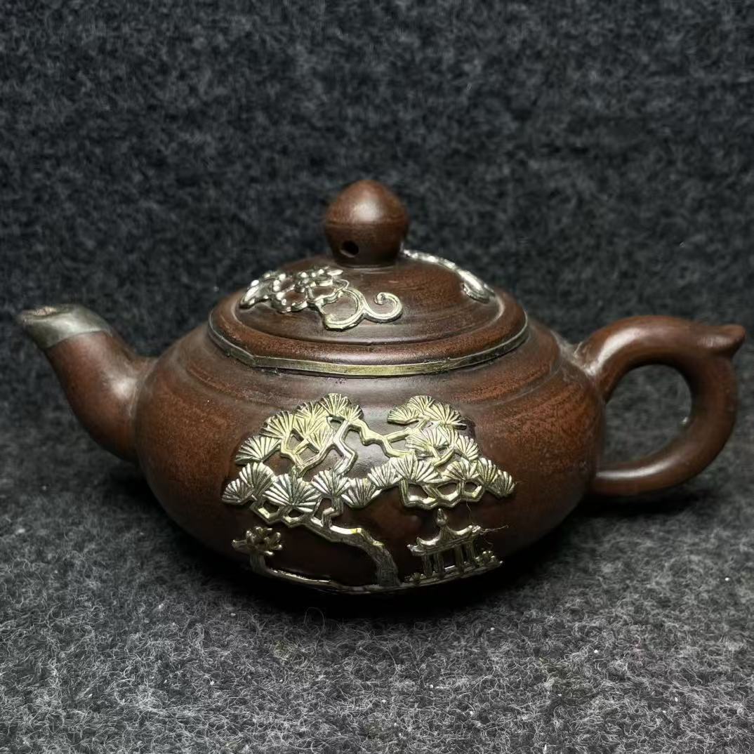 紫砂浮雕功夫茶壶家用泡茶老壶手工制作纯手工全手工鎏金精美鎏银