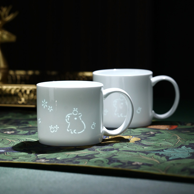 创意白玉玲珑瓷水杯茶杯办公杯中国风马克杯个性带手柄纯色镂空杯