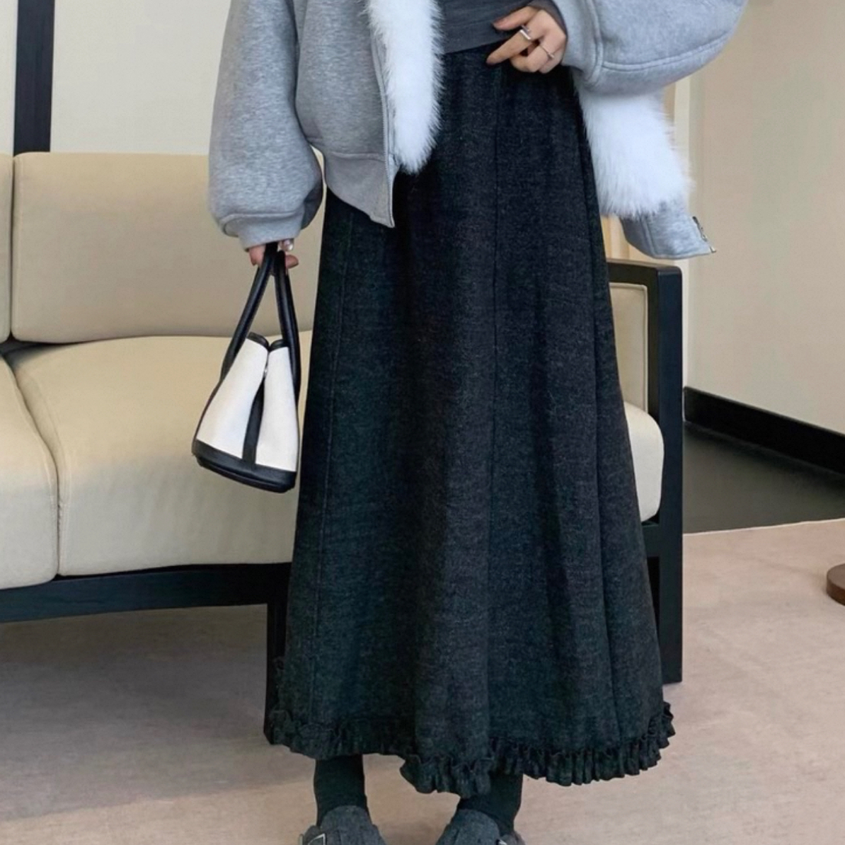 乐缘冬季设计感木耳边半身裙女松紧腰休闲垂感A字长裙